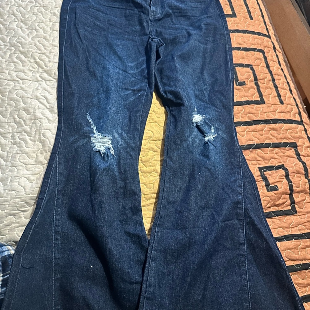 Blue Flare Wide Leg Jeans with Distressed Details